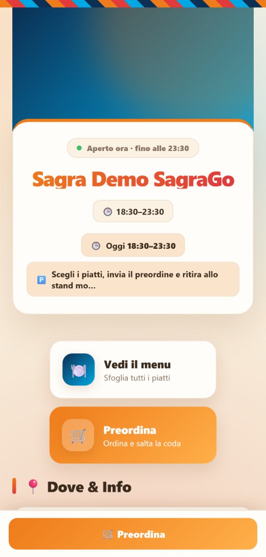 Pagina evento su telefono: stato aperto, orari e informazioni