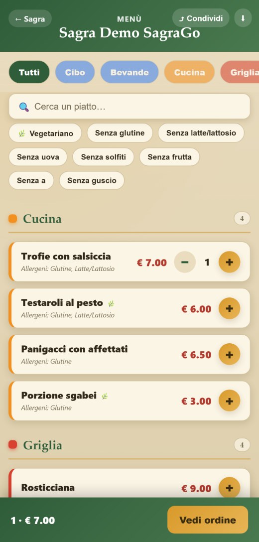 Il menu online come lo vede il cliente sul telefono: categorie, prezzi, allergeni e pulsante per ordinare