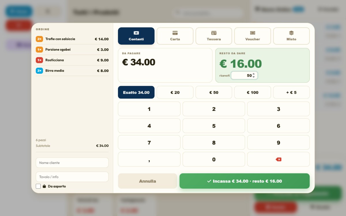 Schermata di pagamento con tastierino e resto da dare