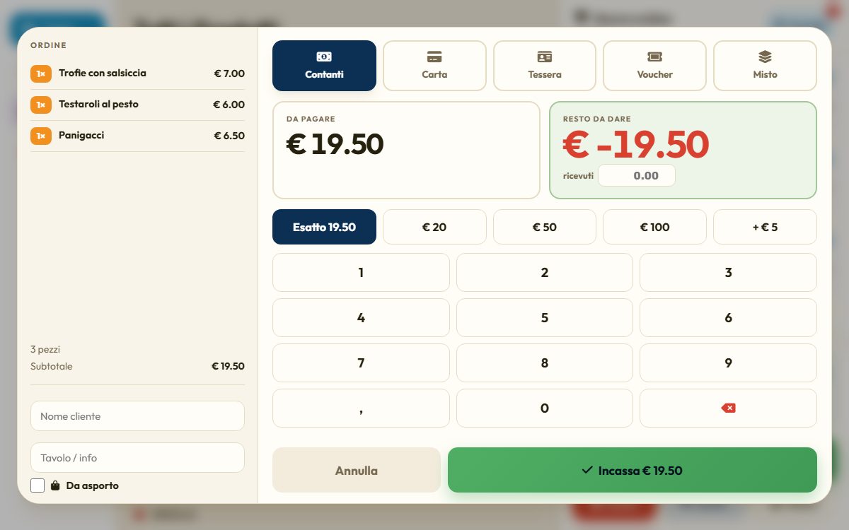 Schermata di pagamento: resto in grande e conto divisibile.