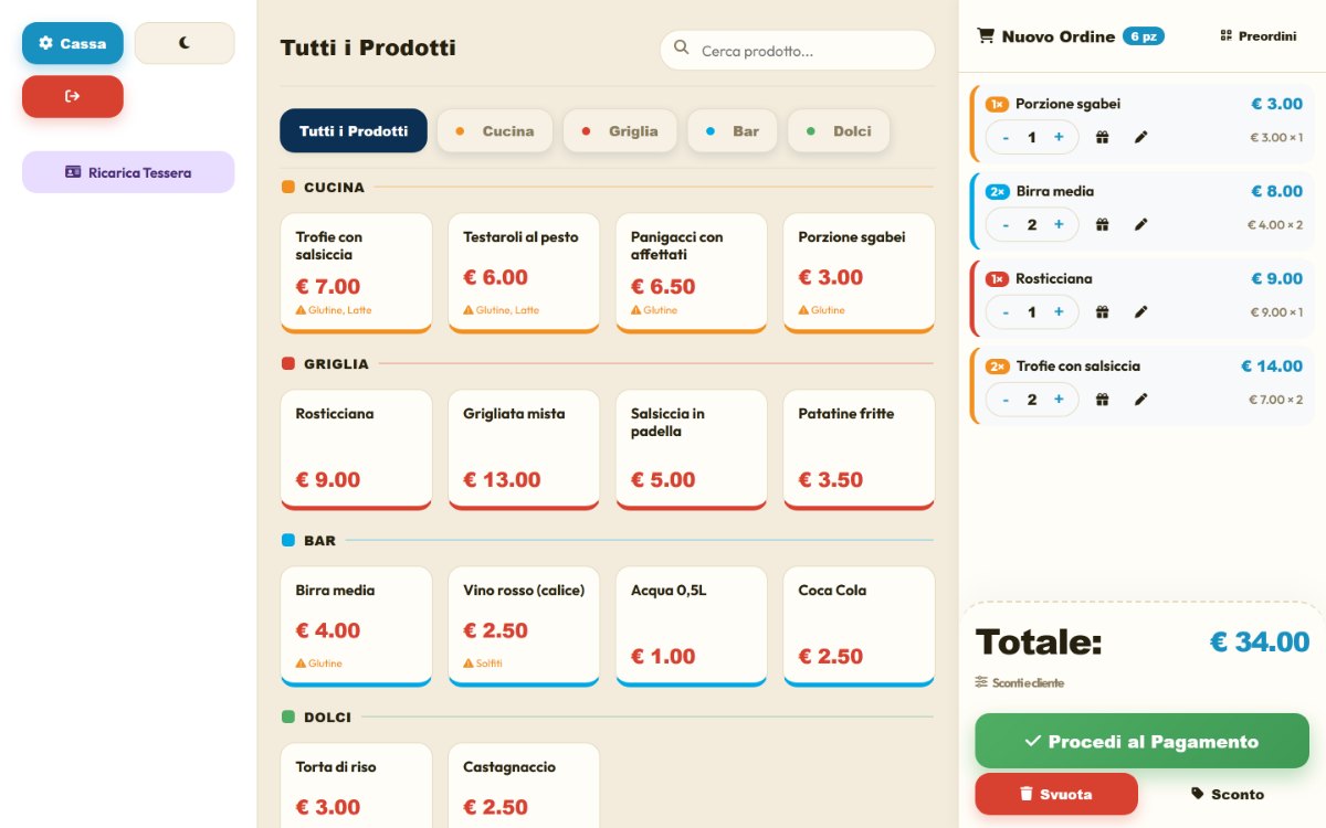 Schermata della cassa SagraGO con menù per categorie e carrello