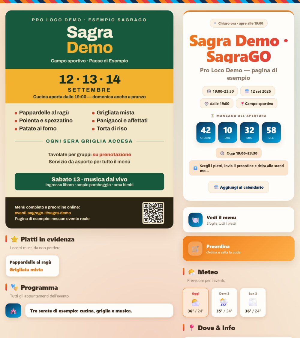 Esempio di pagina evento creata con SagraGO: locandina, orari, countdown, menu e preordine