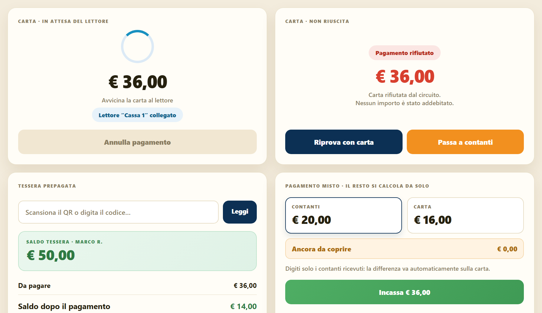Stati del pagamento: attesa carta, carta rifiutata, tessera prepagata, pagamento misto